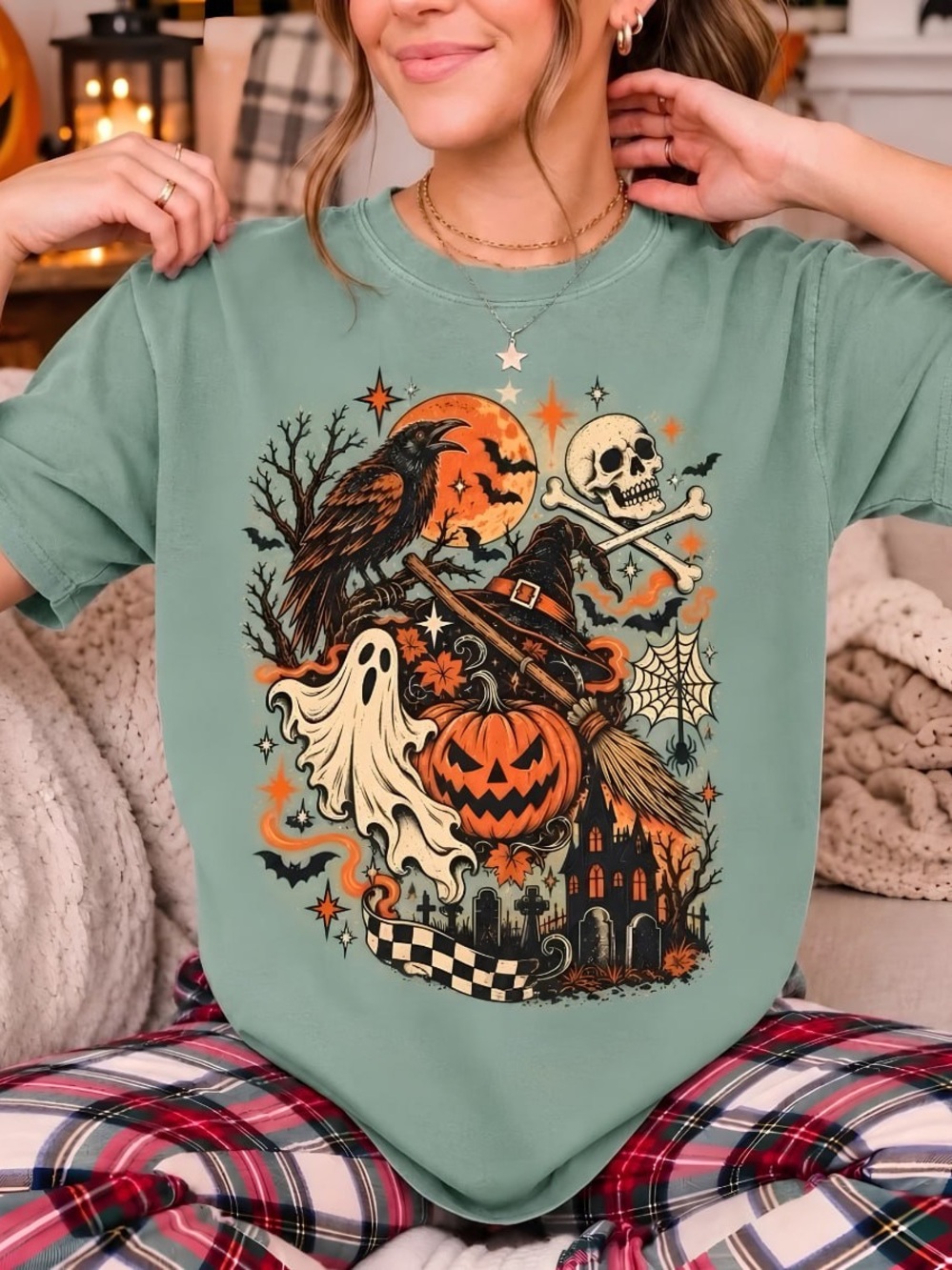 Comfort Colors Green Halloween Tee - Retro Pumpkin, Ghost, Reven Graphic